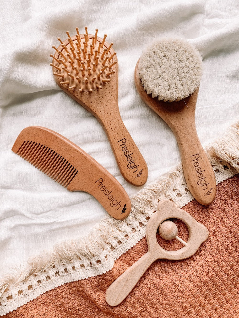 Wooden round personalised baby brush set. With Goats bristle.