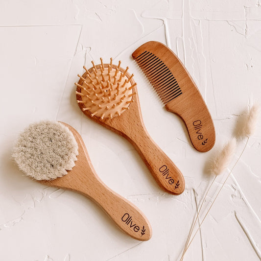 personalised round baby hair brush set with custom laser engraving